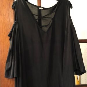 Black ING Cold Shoulder Shirt with Sexy V Neck